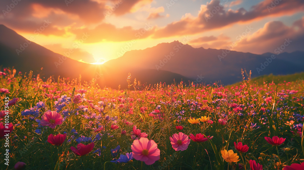 A beautiful nature shot of a spring meadow filled with wildflowers, showcasing vibrant colors and clear sharp details A beautiful nature shot of a spring meadow filled with wildflowers, showcasing vibrant colors and clear sharp details