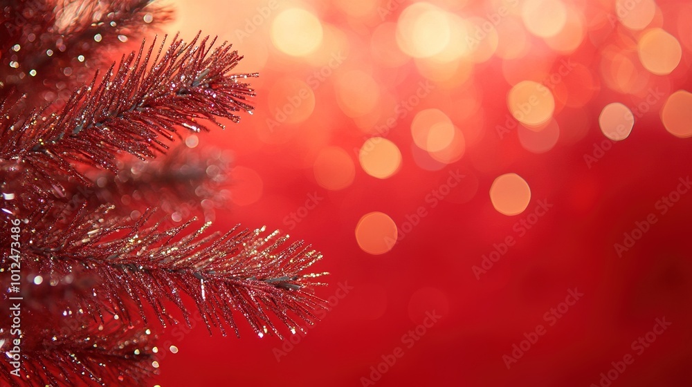 Christmas decoration border with fir branches and golden glitter confetti and sparkles of lights blur bokeh on red background. Bright Christmas and New Year design holiday frame Christmas decoration border with fir branches and golden glitter confetti and sparkles of lights blur bokeh on red background. Bright Christmas and New Year design holiday frame