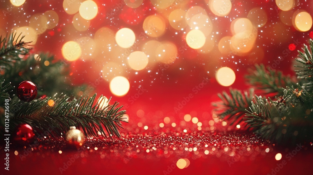 Christmas decoration border with fir branches and golden glitter confetti and sparkles of lights blur bokeh on red background. Bright Christmas and New Year design holiday frame Christmas decoration border with fir branches and golden glitter confetti and sparkles of lights blur bokeh on red background. Bright Christmas and New Year design holiday frame