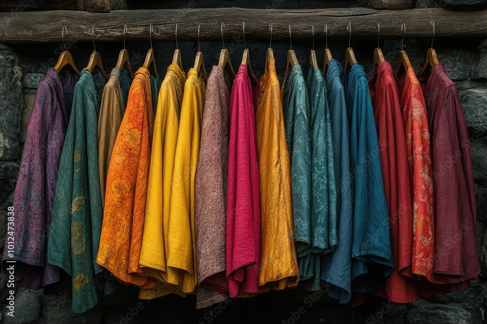A row of colorful garments hanging on wooden hangers against a stone wall. A row of colorful garments hanging on wooden hangers against a stone wall.