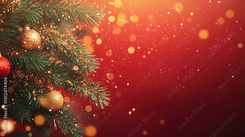 Christmas decoration border with fir branches and golden glitter confetti and sparkles of lights blur bokeh on red background. Bright Christmas and New Year design holiday frame Christmas decoration border with fir branches and golden glitter confetti and sparkles of lights blur bokeh on red background. Bright Christmas and New Year design holiday frame