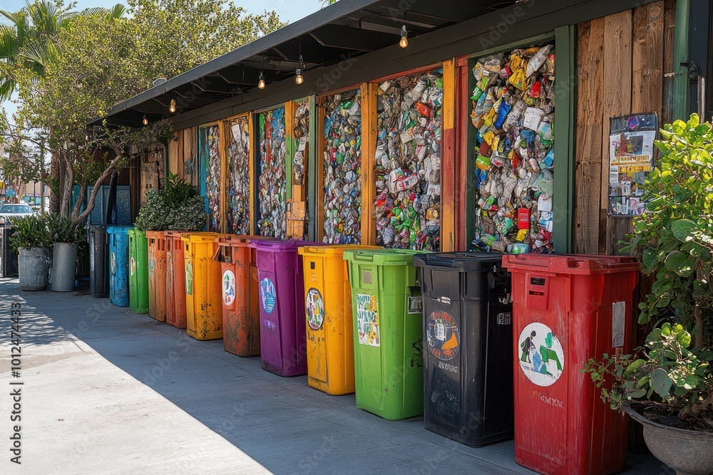 A row of colorful recycling bins in front of a wall decorated with recycled materials. A row of colorful recycling bins in front of a wall decorated with recycled materials.