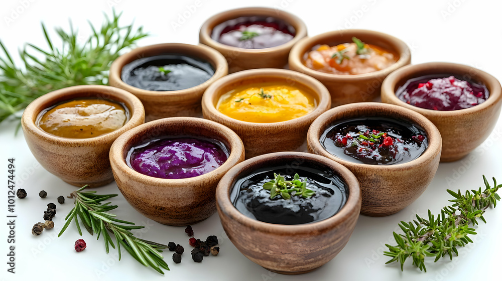 Colorful Sauces Photo - Variety of Vibrant Sauces in Wooden Bowls Colorful Sauces Photo - Variety of Vibrant Sauces in Wooden Bowls