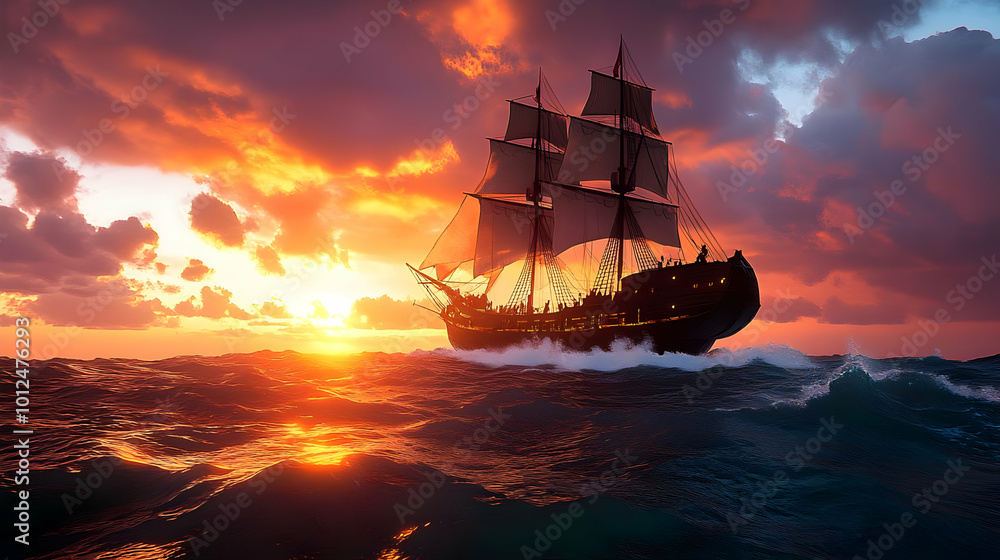 Sailing Ship at Sunset with Dramatic Sky Sailing Ship at Sunset with Dramatic Sky