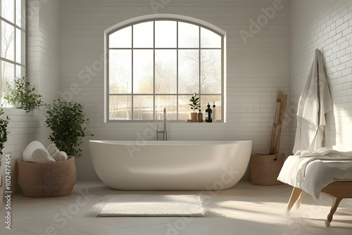 Illustration of a Serene White Bathroom with Arch Window