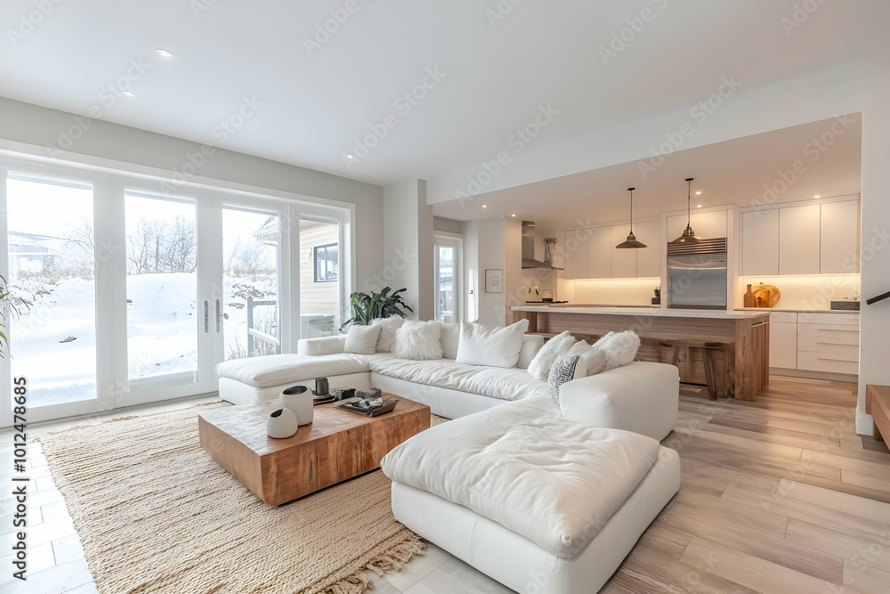 Fototapeta premium Modern White Living Room Interior Photo With Open Kitchen