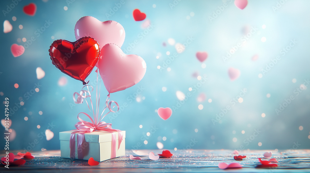 Heart Balloons and Gift Box for a Romantic Celebration. A gift box with red and pink heart-shaped balloons on a blurred blue background, scattered with heart-shaped confetti. Heart Balloons and Gift Box for a Romantic Celebration. A gift box with red and pink heart-shaped balloons on a blurred blue background, scattered with heart-shaped confetti.