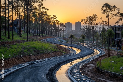 A newly paved road winds through a developing suburban neighborhood at sunset.