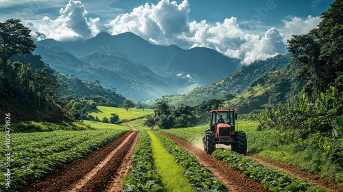 A red tractor drives through a field of crops, with mountains in the background.