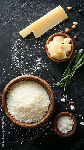 Parmesan Cheese Photo - Parmesan, Cheese, Grated, Black Background, Wooden Bowl, Sage, Salt, Peppercorns, Hazelnuts, Food Photography