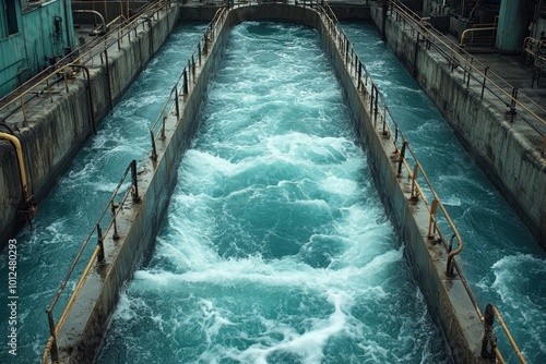 Aerial view of a water treatment plant with water flowing through concrete channels.