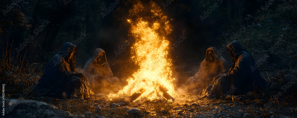 Illustration of Three Figures in Dark Forest with Bonfire Illustration of Three Figures in Dark Forest with Bonfire