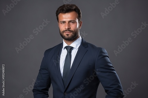 Portrait of a handsome businessman on a gray background. Men's beauty, fashion.