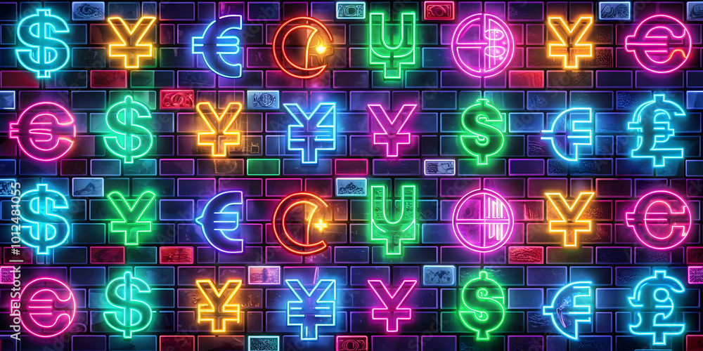 Glossy tiles with neon currency symbols and discount tags concept as A vibrant seamless tile pattern featuring neon lit currency symbols and glowing discount tags on a glossy surface. The bright and m Glossy tiles with neon currency symbols and discount tags concept as A vibrant seamless tile pattern featuring neon lit currency symbols and glowing discount tags on a glossy surface. The bright and m