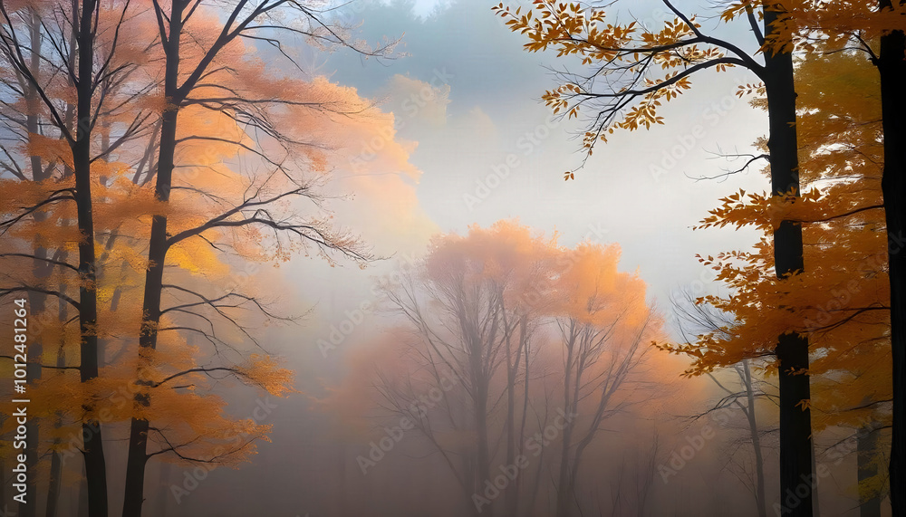 Fototapeta premium A misty morning in a forest with golden leaves on the ground, creating a tranquil and ethereal atmosphere, perfect for nature lovers and serene escapes.