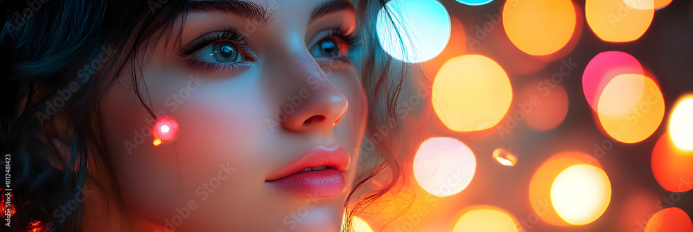 Neon Dream Illustration - Girl, Blue Eyes, Bokeh Lights Neon Dream Illustration - Girl, Blue Eyes, Bokeh Lights