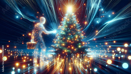 Abstract Glowing Person Adorning a Radiant Winter Tree with Lights in a Futuristic Digital Landscape - Perfect for Festive Winter Advertisements