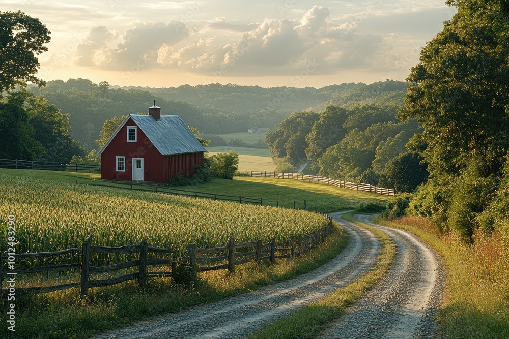 A red farmhouse sits on a hill overlooking a field of green crops, with a winding dirt road leading up to it. The sun is setting, casting a warm glow on the scene. A red farmhouse sits on a hill overlooking a field of green crops, with a winding dirt road leading up to it. The sun is setting, casting a warm glow on the scene.