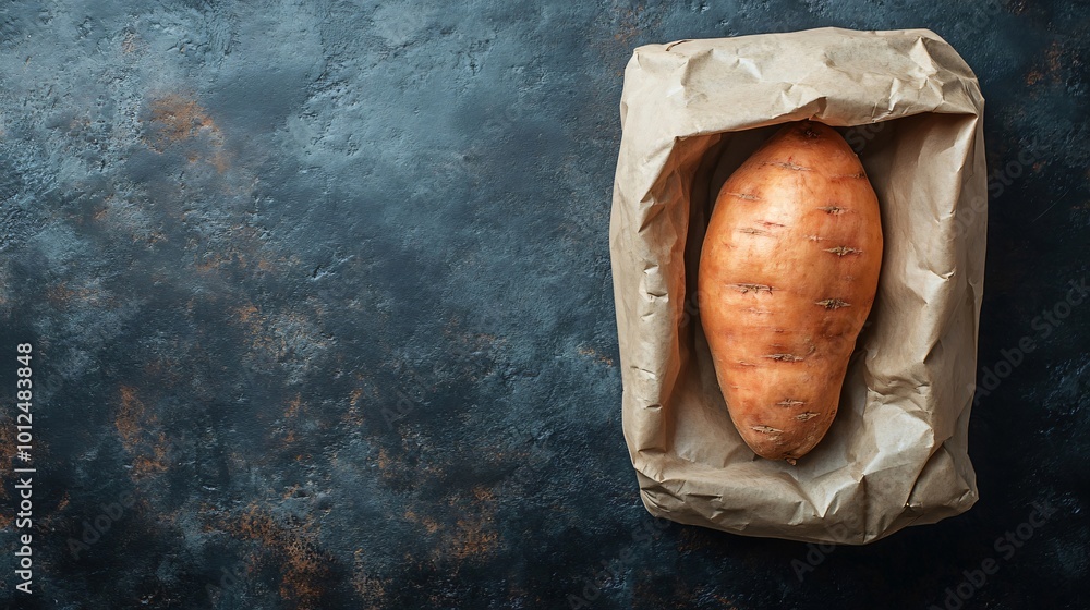 One raw sweet potato in brown paper bag on dark background One raw sweet potato in brown paper bag on dark background