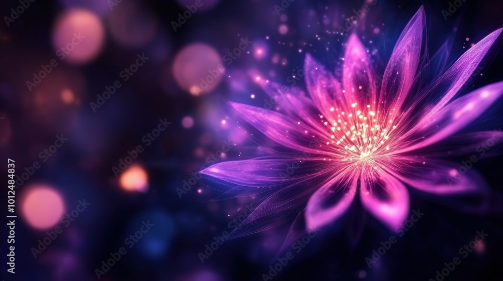 Beautiful glowing purple flower with sparkles on a dark background. Beautiful glowing purple flower with sparkles on a dark background.