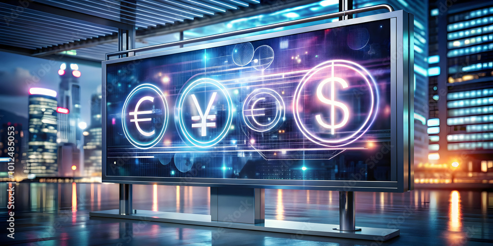 Fototapeta premium Holographic billboard with glowing currency symbols and copy space concept as An image of a glossy holographic billboard displaying glowing currency symbols; set against a holographic background provi