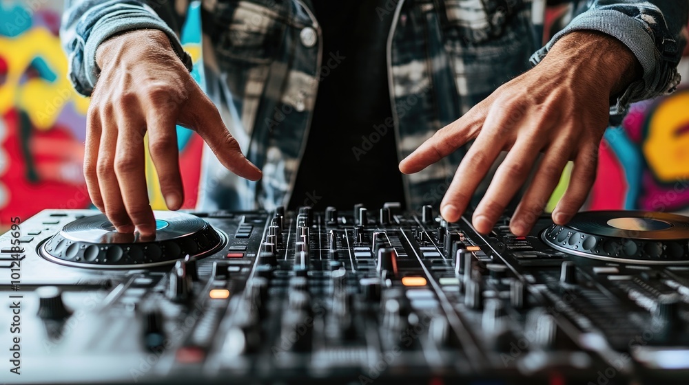 Young DJ performing in front of a brightly colored graffiti wall, headphones on, hands moving across the decks. Young DJ performing in front of a brightly colored graffiti wall, headphones on, hands moving across the decks.