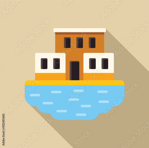 Minimalist illustration featuring a floating house on water, showcasing a long shadow design