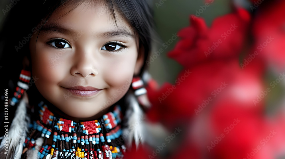 A Young Girl's Smile, Bead Jewelry, Red Flowers, Childhood Innocence A Young Girl's Smile, Bead Jewelry, Red Flowers, Childhood Innocence
