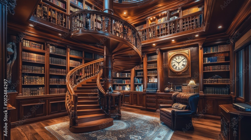 Grand library room with spiral staircase, wall clock and artwork beside, bookshelves packed with books Grand library room with spiral staircase, wall clock and artwork beside, bookshelves packed with books