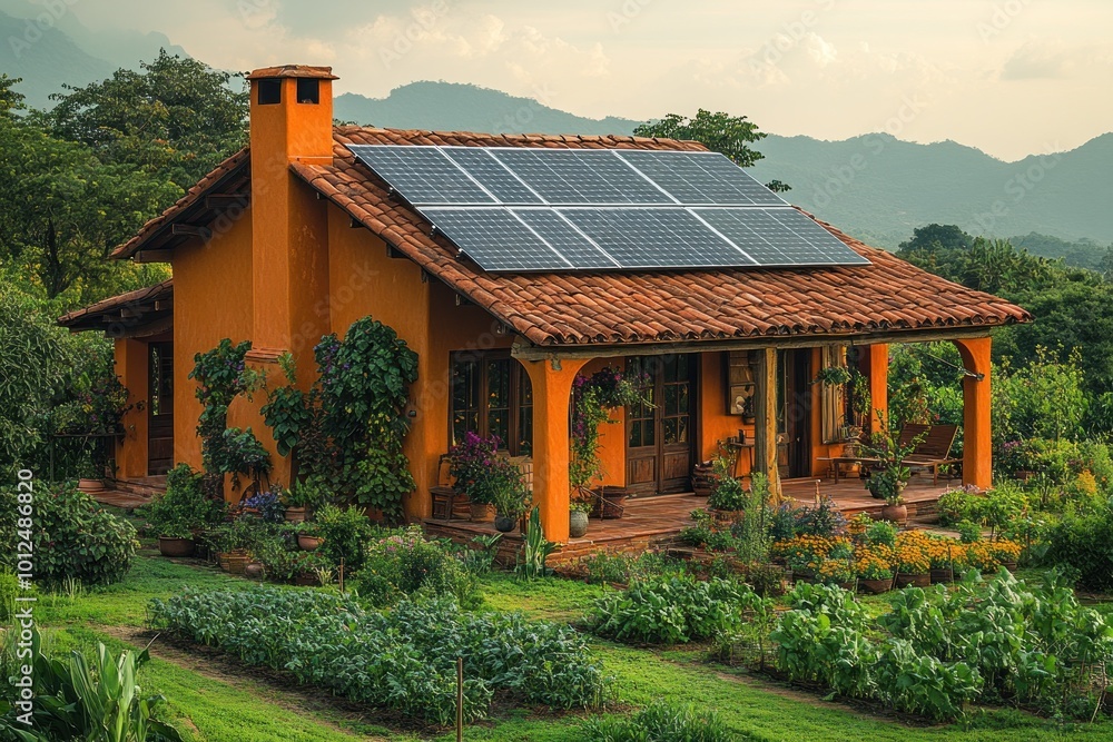 A small orange house with a solar panel roof sits in a lush green garden. A small orange house with a solar panel roof sits in a lush green garden.