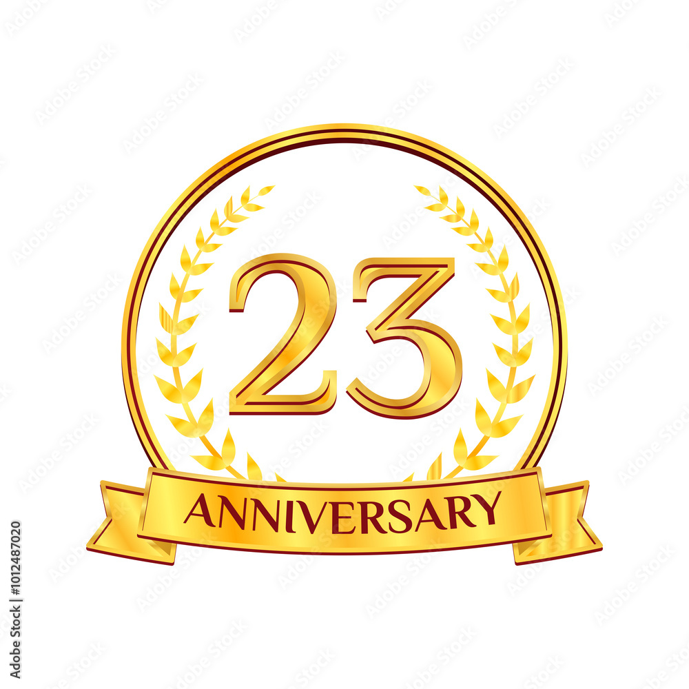 Golden 23 years anniversary number emblem logo with ribbon and laurel wreath. Ideal for birthday, wedding, award, anniversary Golden 23 years anniversary number emblem logo with ribbon and laurel wreath. Ideal for birthday, wedding, award, anniversary