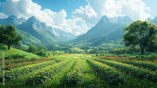 A picturesque mountain valley with green meadows and a vibrant field of flowers stretching towards the distant peaks under a bright, sunny sky.