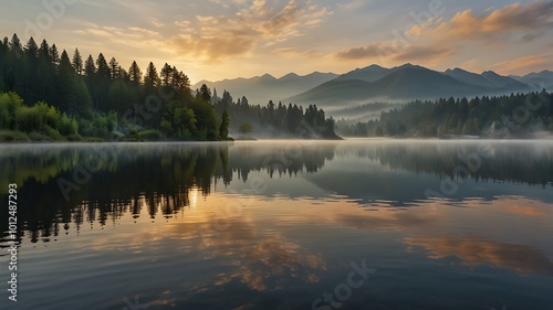 Wallpaper Mural Mountain Lake Sunrise with Fog and Reflections Torontodigital.ca