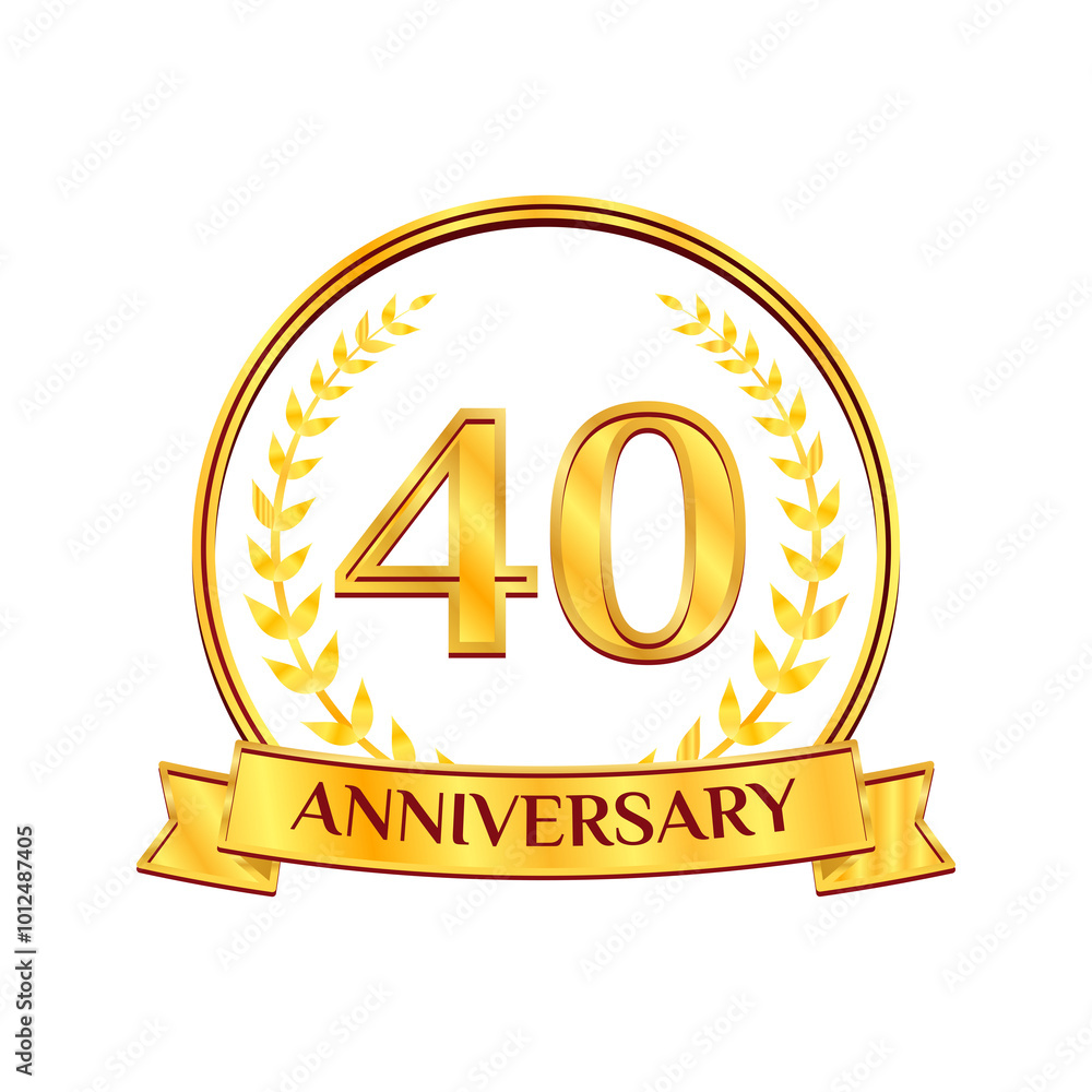 Golden 10 years anniversary number emblem logo with ribbon and laurel wreath. Ideal for birthday, wedding, award, anniversary Golden 10 years anniversary number emblem logo with ribbon and laurel wreath. Ideal for birthday, wedding, award, anniversary