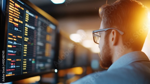 An individual wearing glasses works at a computer, coding on-screen in a softly lit environment, perfectly capturing the essence of modern tech workspaces and focus. photo