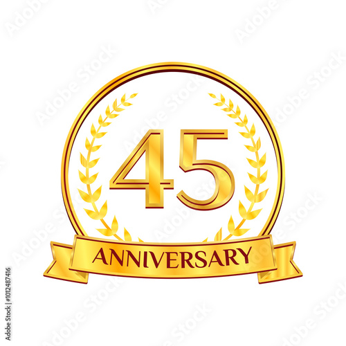 Golden 45 years anniversary number emblem logo with ribbon and laurel wreath. Ideal for birthday, wedding, award, anniversary