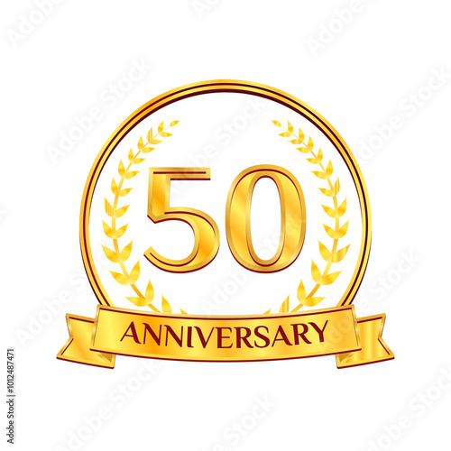 Golden 50 years anniversary number emblem logo with ribbon and laurel wreath. Ideal for birthday, wedding, award, anniversary