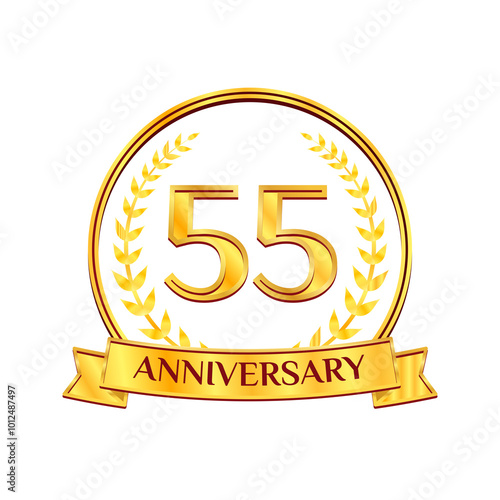 Golden 55 years anniversary number emblem logo with ribbon and laurel wreath. Ideal for birthday, wedding, award, anniversary