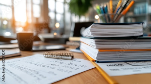 A stack of work documents sits on a wooden desk in a well-lit office, surrounded by organized papers and stationery, suggesting productivity and efficiency.