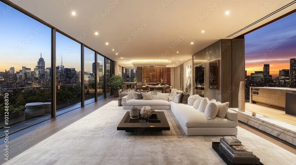 Naklejka premium Modern Penthouse with City Skyline View