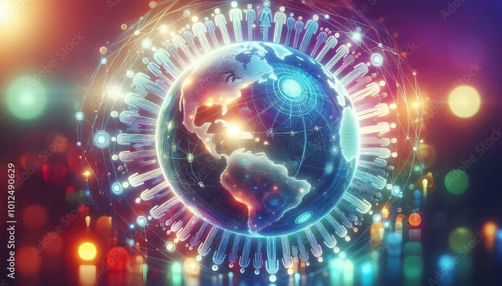 Obraz premium Abstract Glowing Globe with Digital Human Figures Symbolizing Global Unity and Peace for Human Rights Day - Vibrant Soft Gradient Background in Photo Stock Concept