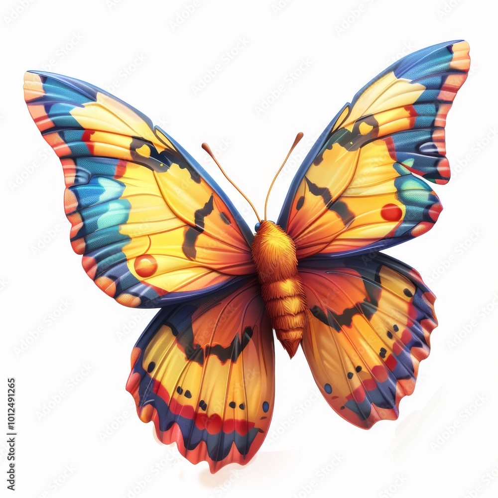 A colorful butterfly with a yellow body and blue wings A colorful butterfly with a yellow body and blue wings