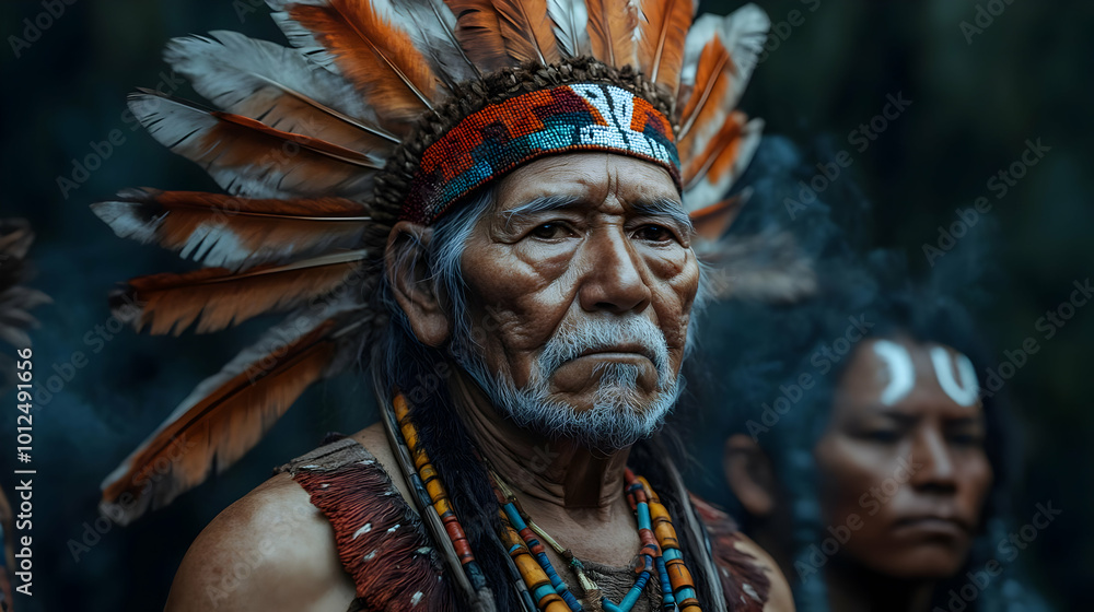 Native American Elder with Feathers and Beads in Traditional Clothing Native American Elder with Feathers and Beads in Traditional Clothing
