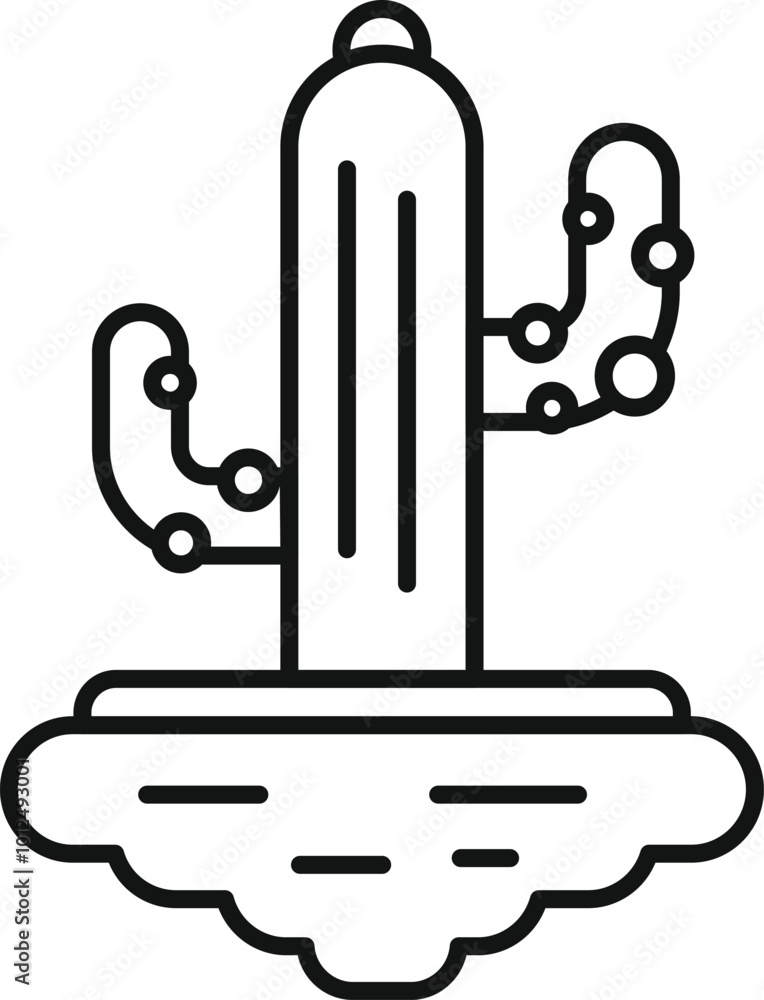 Minimalistic line art icon of a cactus growing from a piece of flying ground Minimalistic line art icon of a cactus growing from a piece of flying ground