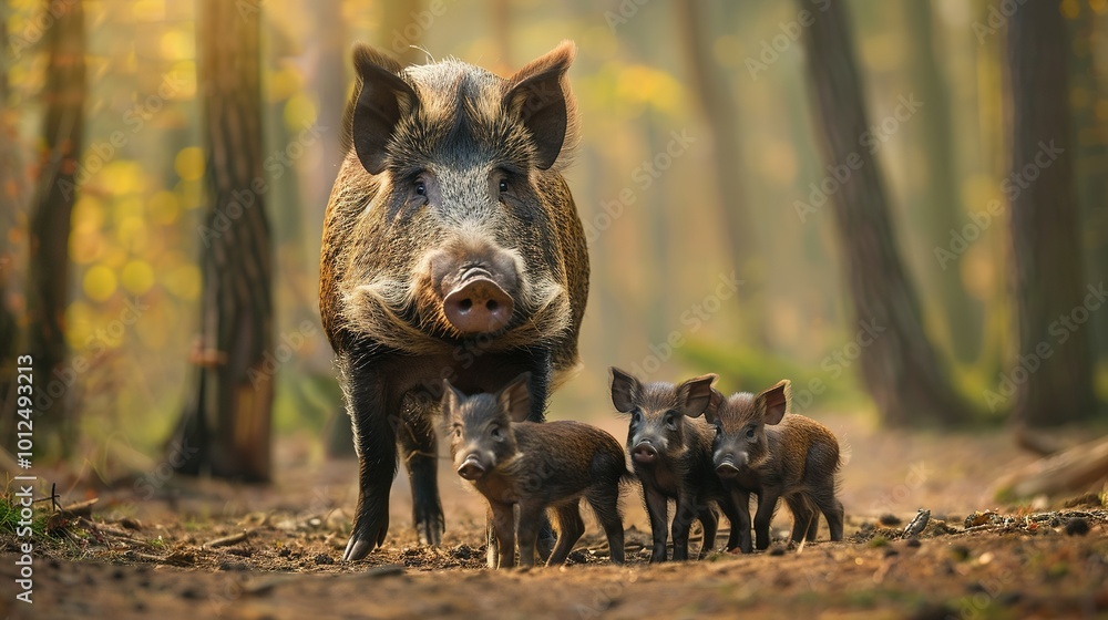 Wild Boar Family: Mother and Babies Standing in the Forest, Looking Directly at the Camera Wild Boar Family: Mother and Babies Standing in the Forest, Looking Directly at the Camera