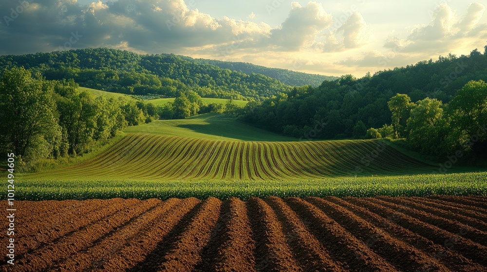A picturesque landscape with rolling hills, lush green fields, and a freshly plowed field. A picturesque landscape with rolling hills, lush green fields, and a freshly plowed field.