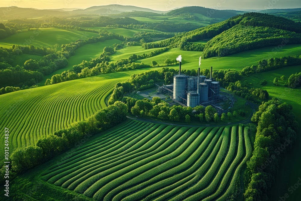 Aerial view of a factory in a green field, surrounded by rolling hills. Aerial view of a factory in a green field, surrounded by rolling hills.