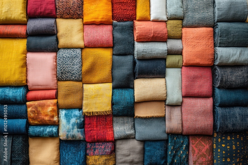 A colorful array of folded fabrics in various colors and patterns. A colorful array of folded fabrics in various colors and patterns.