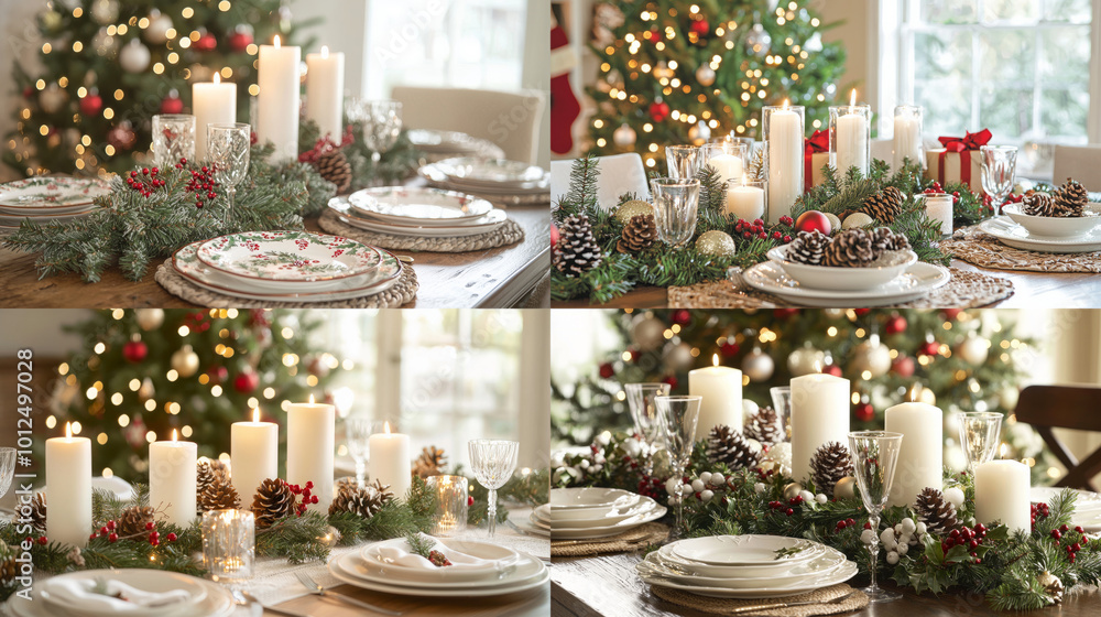 Festively decorated Christmas dinner table with burning candles, pine cones and ornaments. Holiday, celebration, family gathering themes Festively decorated Christmas dinner table with burning candles, pine cones and ornaments. Holiday, celebration, family gathering themes