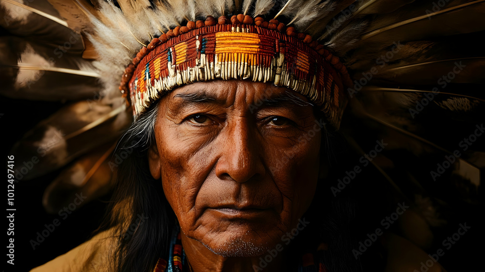 Native American Man in Traditional Headdress, Proud and Strong Native American Man in Traditional Headdress, Proud and Strong